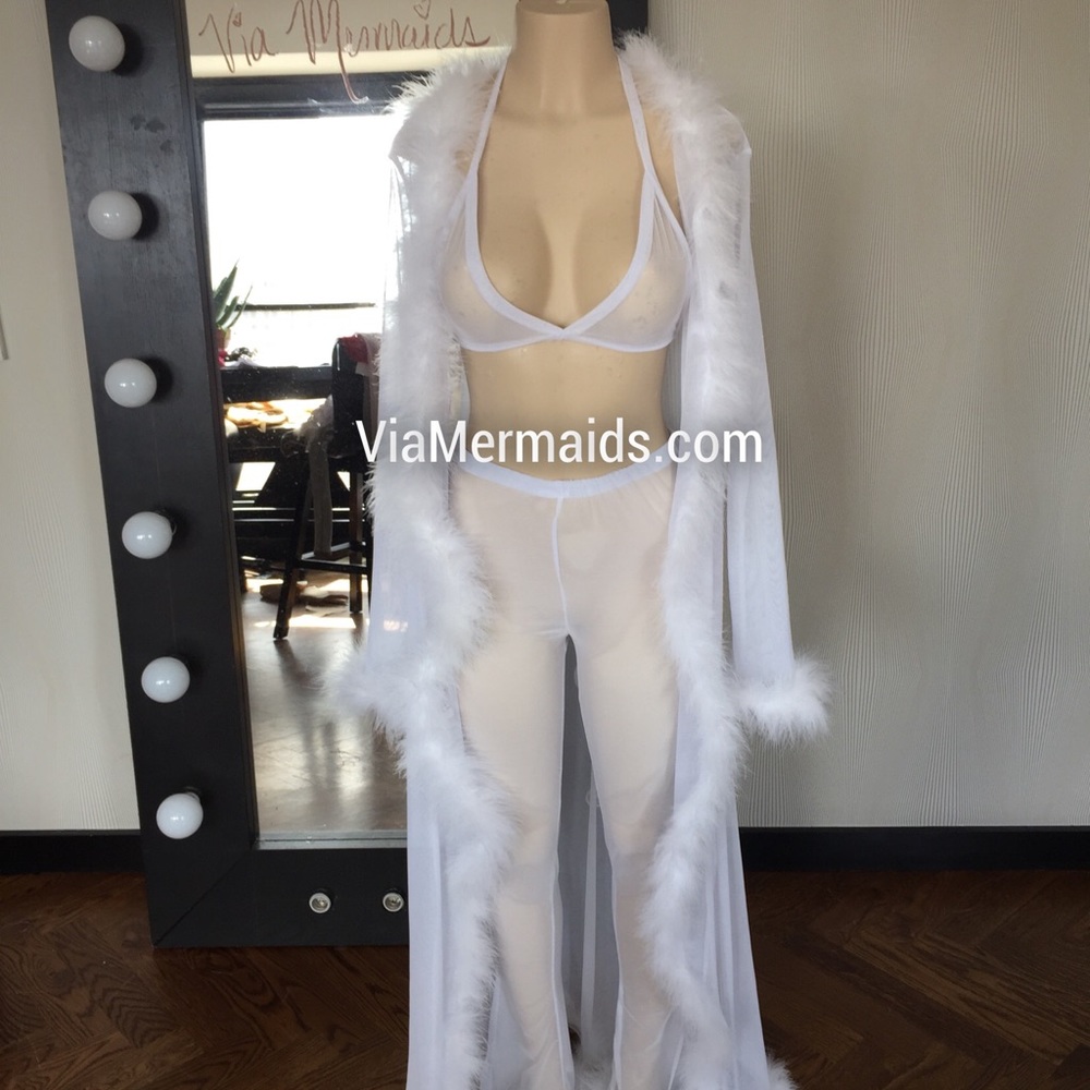 White ROBE only | see through sheer boa fur robe